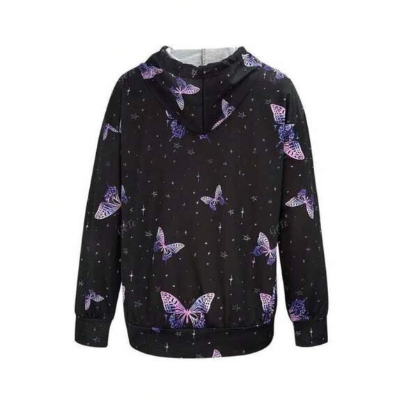 Plus Size Knit Fabric Butterfly Print Hooded Jacket, With Pockets, Long Sleeve - Picture 3 of 3